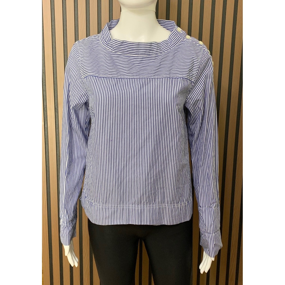 J.Crew Women's Blue White Striped Cotton Mock Neck Button Shoulder Blouse Size 2